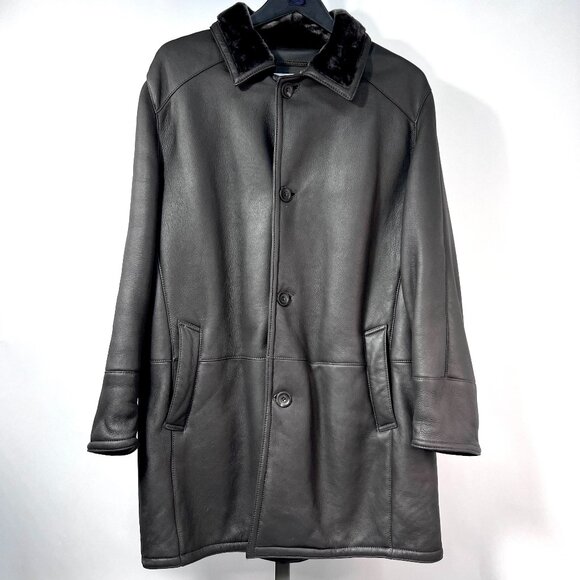 GALLOTTI Men's Black Leather Shearling Fur-Lined Coat Size EU54 USA44, Italy NWT - Picture 1 of 7